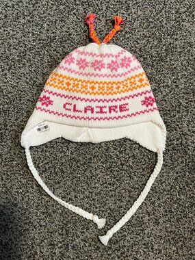 Custom "Claire" Name Knit Earflap Hat Kids Beanie Fair Isle White Pink Monogram